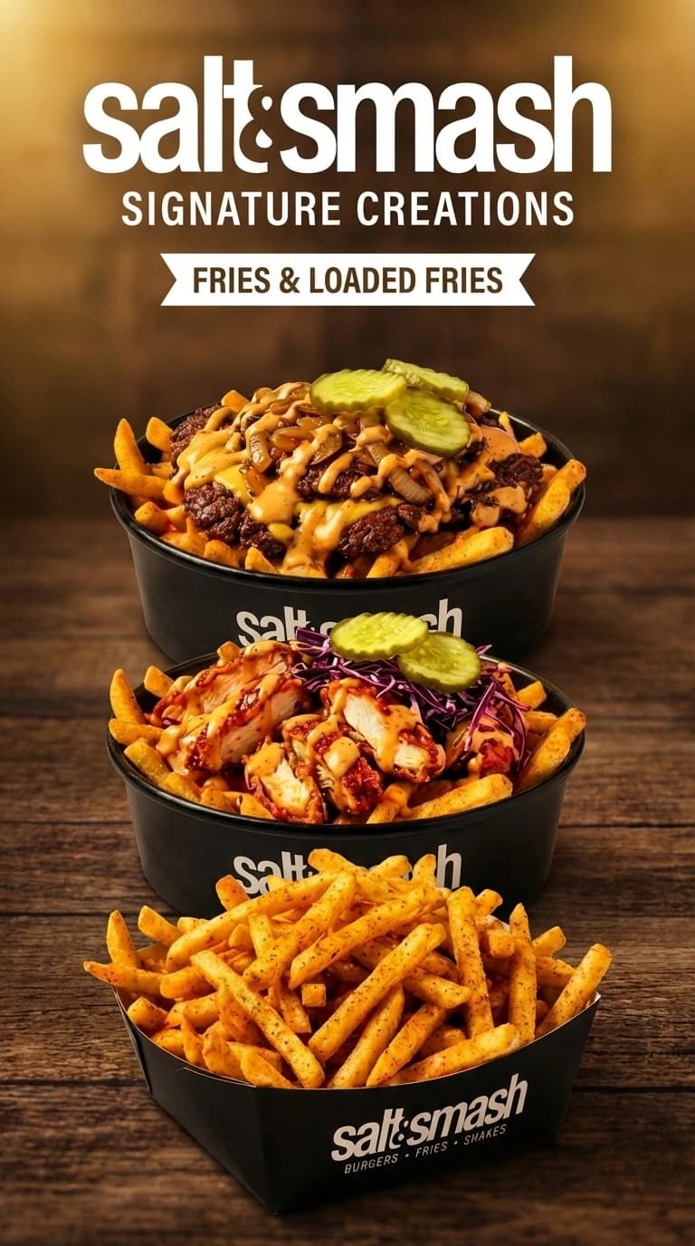Salt & Smash Fries & Loaded Fries – Gourmet seasoned French fries and bowls topped with beef, melted cheese, and pickles