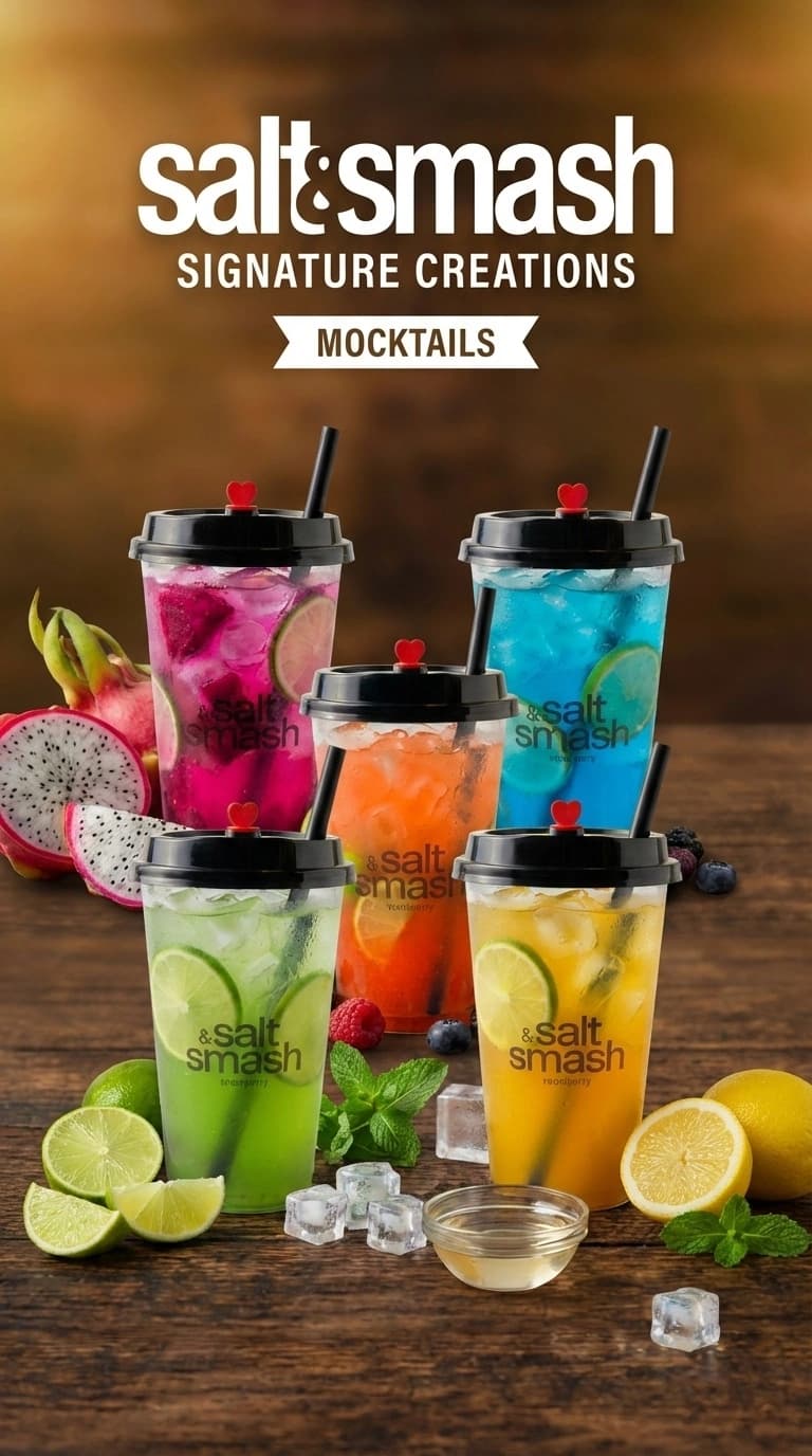 Salt & Smash Mocktails – Assorted chilled non-alcoholic beverages with fresh dragon fruit, lime slices, berries, and mint garnishes on a wooden table