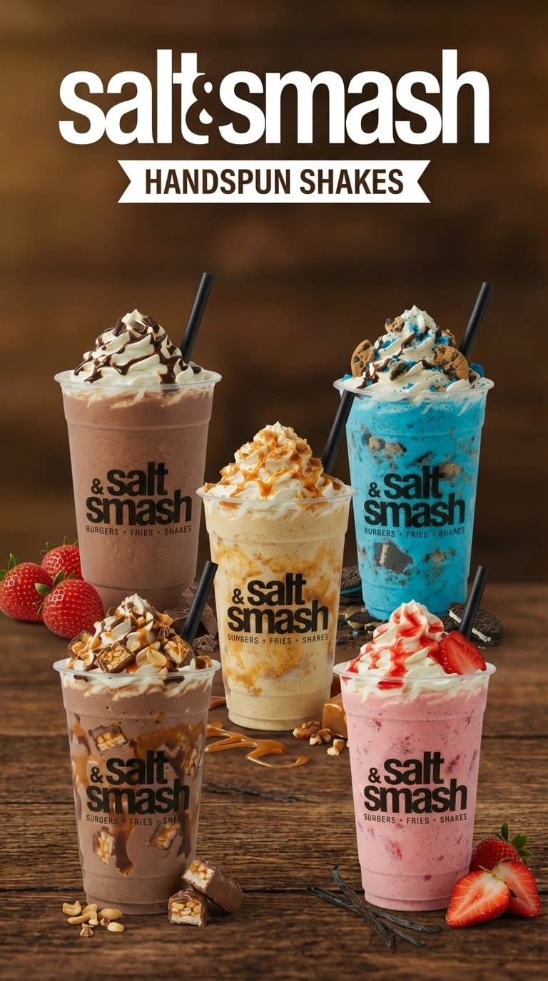 Salt & Smash Handspun Shakes – Assorted handspun shakes with whipped cream, chocolate drizzle, caramel sauce, and cookie crumbles on a wooden table